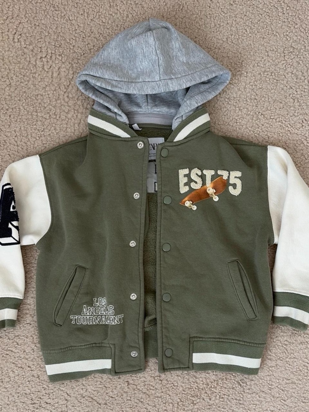 ZARA KIDS BOYS VARSITY HOODIE JACKET W REMOVABLE HOOD